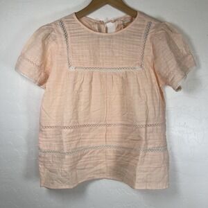Boho‎ Top Lace Cotton Peach Paneros Blouse Shirt Pin-tucks Sz XXS Balloon